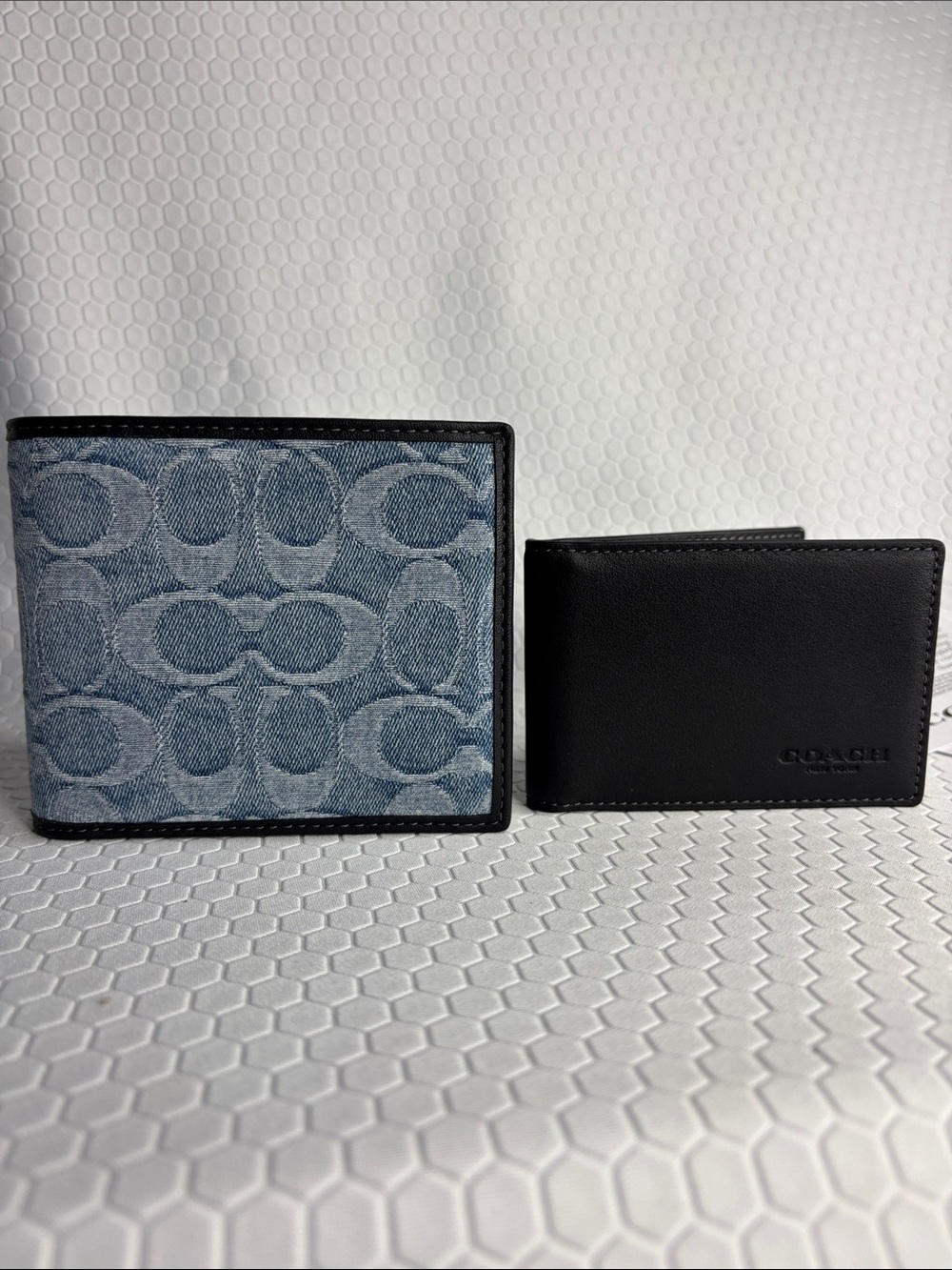 Coach Men's Denim Signature Canvas and Black Leather Bi-Fold Wallet Set